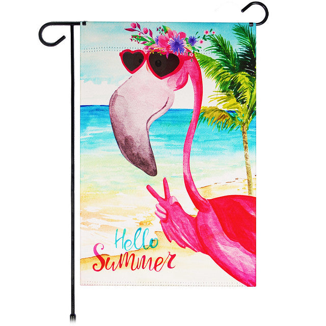 G128 Garden Flag Hello Summer Peace Sign Flamingo | 12x18 Inch | Printed Blockout Polyester - Summer Decoration