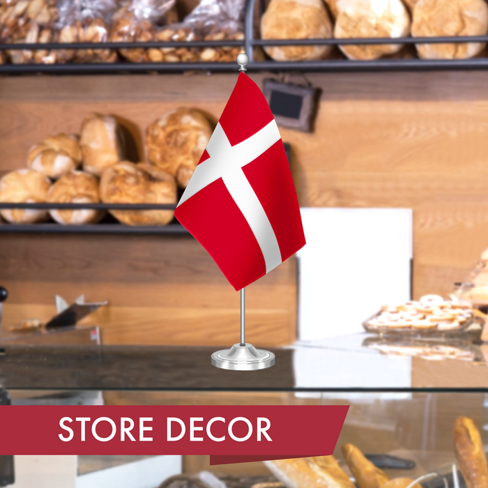 G128 Denmark Danish Deluxe Desk Flag Set | 8.5x5.5 In | Printed 300D Polyester, with Silver Dome and Base, 15" Metal Pole, Decorations For Office, Home and Festival Events Celebration