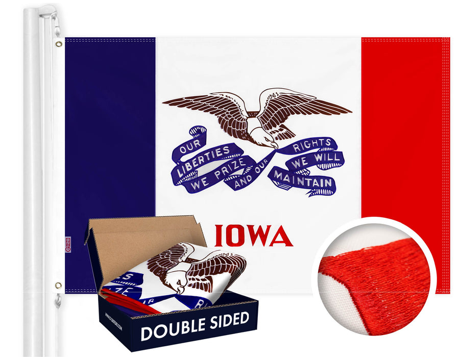 G128 Iowa IA State Deluxe Flag | 3x5 Ft | Double ToughWeave Series Double Sided Embroidered 210D Polyester | Embroidered Design, Indoor/Outdoor, Brass Grommets, Heavy Duty, 2-ply