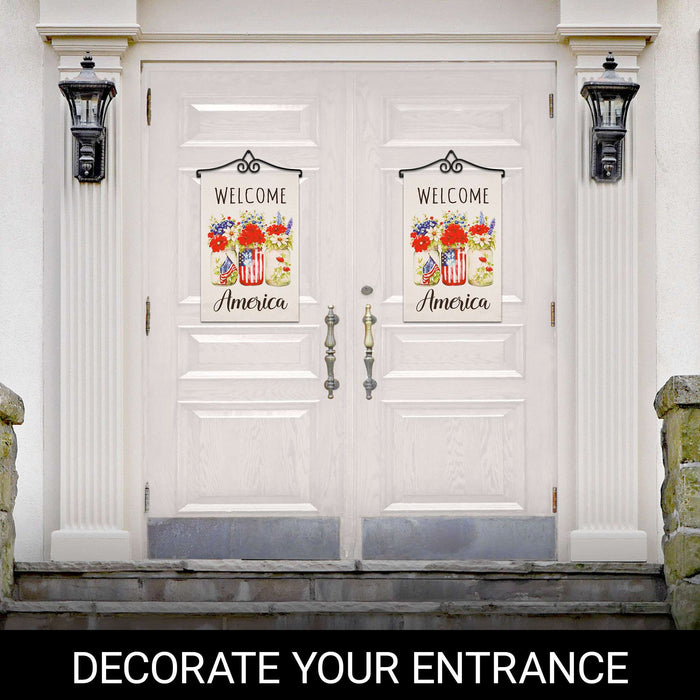 G128 Combo Pack Garden Flag Hanger 14IN & Garden Flag Welcome America Mason Jars Printed 12x18IN Double Sided Yard Garden Lawn Decoration