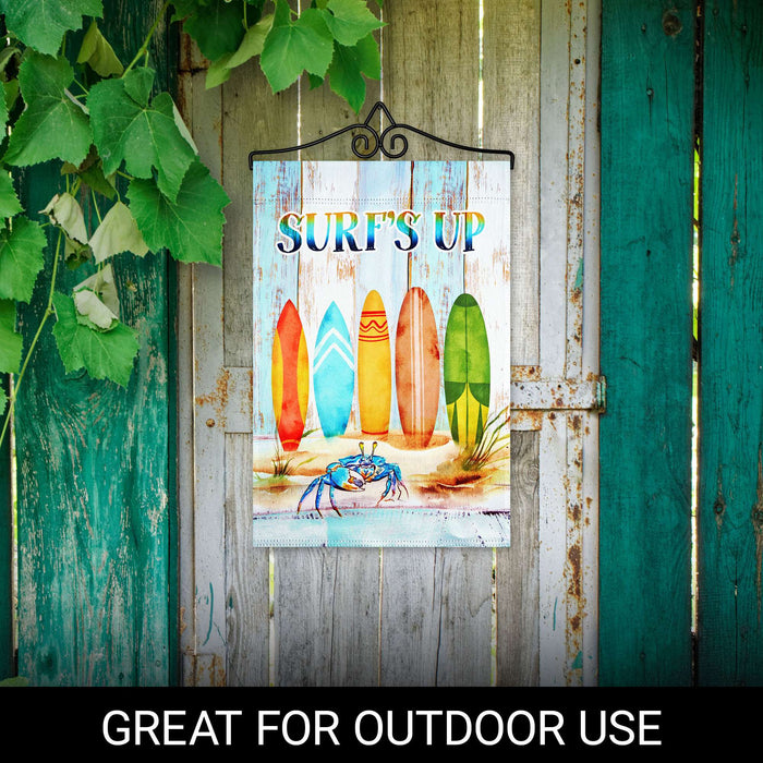 G128 12x18IN Surfs Up Surfboard Beach Garden Flag with 14IN Hanger