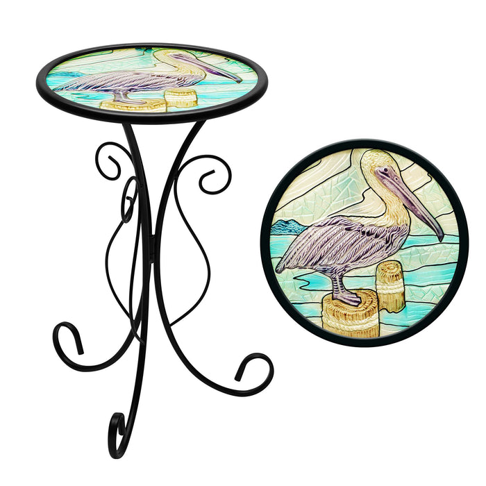 G128 12 in Round Glass Outdoor Side Table Pelican Pattern | Decorative Plant Stand, Small End Table for Garden Patio Porch Living Room