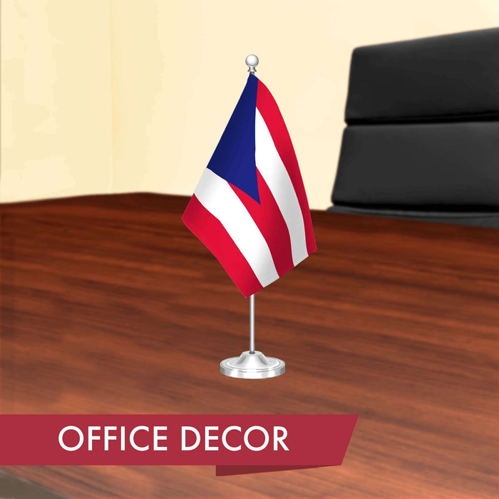 G128 Puerto Rico Puerto Rican Deluxe Desk Flag Set | 8.5x5.5 In | Printed 300D Polyester, with Silver Dome and Base, 15" Metal Pole, Decorations For Office, Home and Festival Events Celebration
