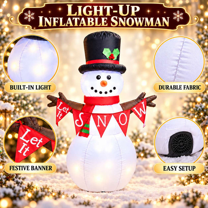 G128 5FT inflatable Christmas snowman with top hat, red scarf and Let It Snow banner lit up in a yard