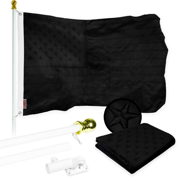 G128 Combo Pack: 5 Ft Tangle Free Aluminum Spinning Flagpole (White) & American USA All Black Flag 2x3 Ft, ToughWeave Series Embroidered 300D Polyester | Pole with Flag Included