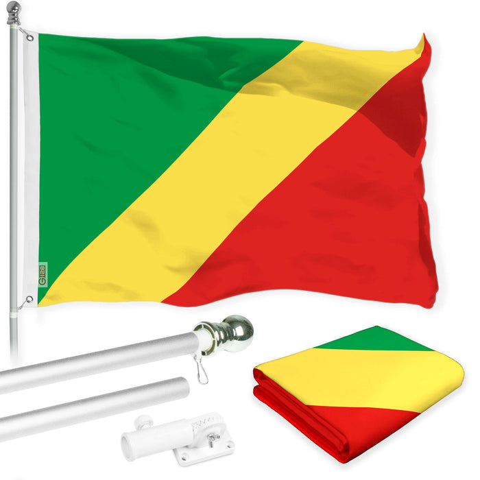 G128 Combo Pack: 6 Ft Twist Free Aluminum Spinning Flagpole (Silver) & Republic of the Congo Flag | 3x5 Ft | LiteWeave Pro Series Printed 150D Polyester | Pole with Flag Included