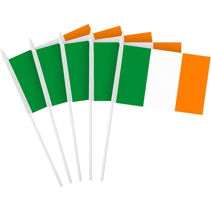 G128 10 Pack Handheld Ireland Irish Stick Flags | 4x6 In | Printed 150D Polyester, Country Flag, Solid Plastic Stick, Spear White Tip