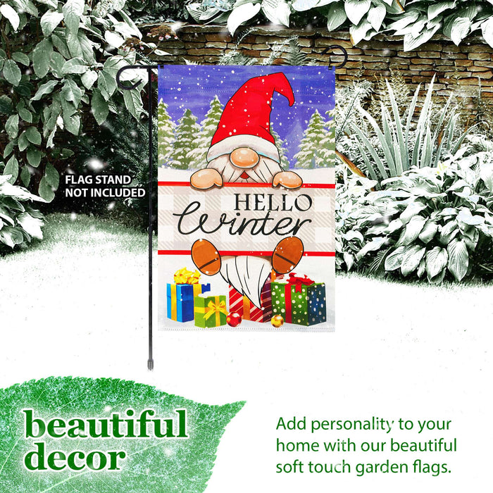 G128 Hello Winter Gnome Gifts Garden Flag 12x18 In Double Sided Winter Yard Garden Lawn Decoration