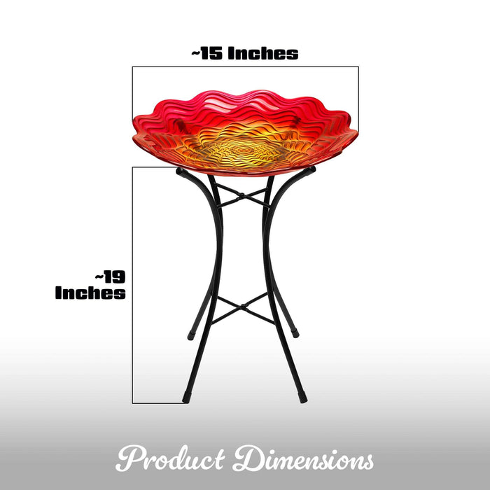 G128 19 Inch Height Glass Bird Baths with Metal Stand | Decorative Red BirdBaths Bowl Outdoor Garden Bird Feeder