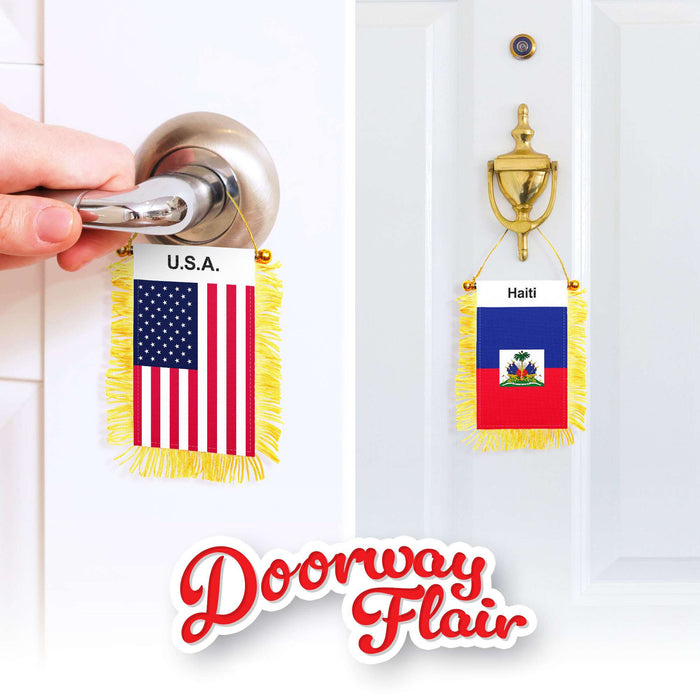 G128 Combo Pack: American USA & Haiti Haitian Fringy Flag Double Sided 3x5 In | Both Fringy Hanging Flag with Suction Cup
