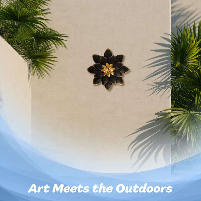 G128 9 IN Black and Gold Flower Metal Wall Art Decor | Elegant Floral Wall Hanging Decor for Indoor Living Room Bedroom Office Outdoor Garden Patio Yard