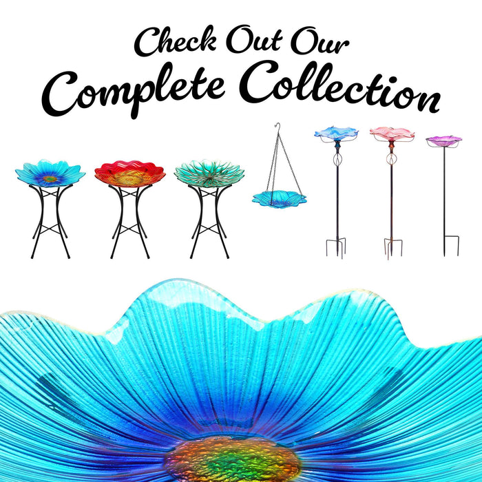 G128 19 Inch Height Glass Bird Baths with Metal Stand | Decorative Blue BirdBaths Bowl Outdoor Garden Bird Feeder