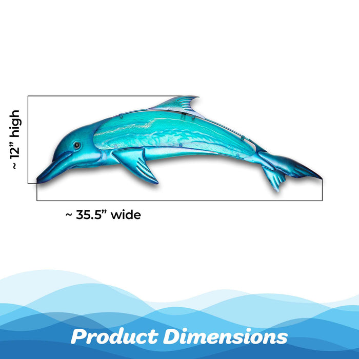 G128 36 in Blue Dolphin Metal Wall Art Decor | Ocean Marine Theme Indoor Outdoor Wall Art Hanging Decor for Bedroom, Living Room, Garden, Patio