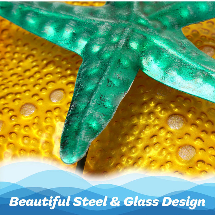 G128 12 in Metal Glass Starfish Wall Hanging Art Decor | Ocean Theme Art Wall Indoor Decoration for Kitchen, Living Room, Bedroom, Home Office