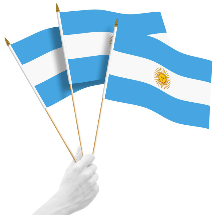 G128 10 Pack Handheld Argentina Argentinian Stick Flags | 12x18 In | Printed 150D Polyester, Country Flag, Solid Wooden Stick, Spear Gold Tip