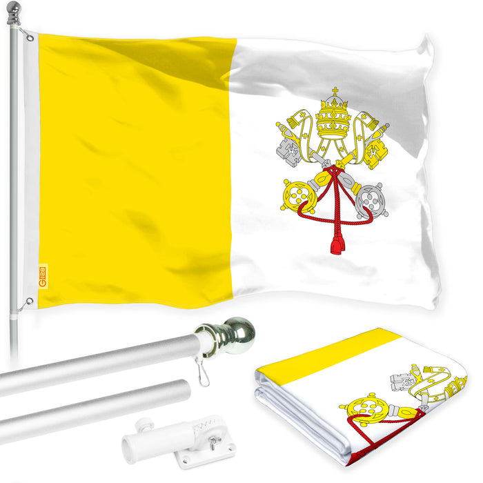 G128 Combo Pack: 6 Ft Tangle Free Aluminum Spinning Flagpole (Silver) & Vatican City Flag 3x5 Ft, LiteWeave Pro Series Printed 150D Polyester | Pole with Flag Included