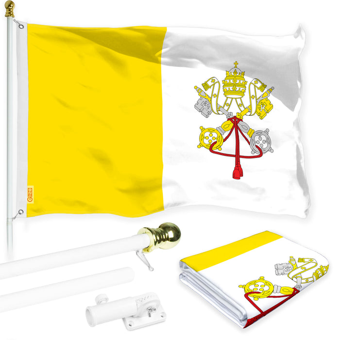 G128 Combo Pack: 6 Ft Tangle Free Aluminum Spinning Flagpole (White) & Vatican City Flag 3x5 Ft, LiteWeave Pro Series Printed 150D Polyester | Pole with Flag Included