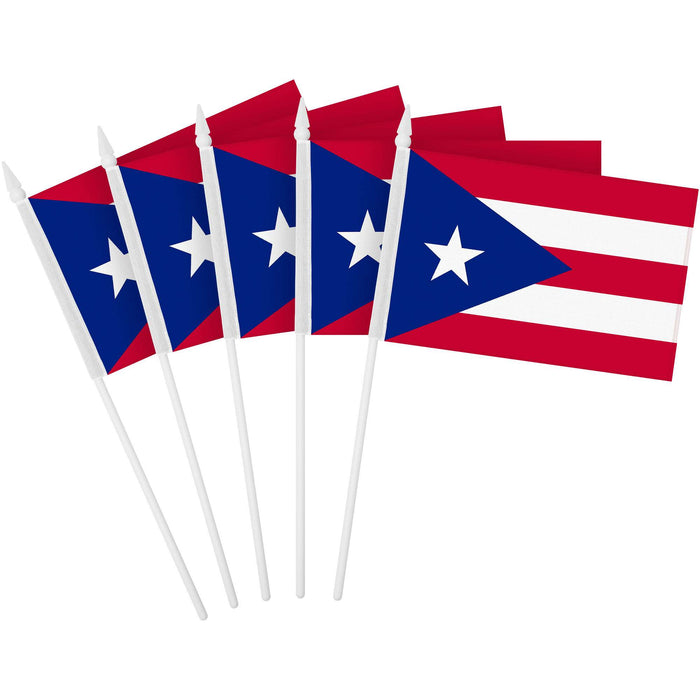 G128 50 Pack Handheld Puerto Rico Puerto Rican Stick Flags | 4x6 In | Printed 150D Polyester, Country Flag, Solid Plastic Stick, Spear White Tip