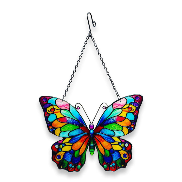 G128 butterfly stained glass suncatcher window hanging ornament with metal frame, 10 inch nominal size