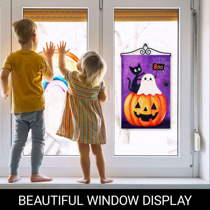 G128 12x18IN Halloween Ghost Cat Pumpkin Garden Flag with 14IN Hanger