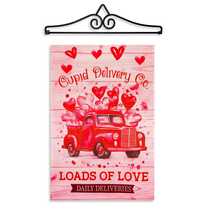 G128 Combo Pack Garden Flag Hanger 14IN & Garden Flag Valentine's Day Cupid Delivery Truck Printed 12x18IN Double Sided Yard Garden Lawn Decoration