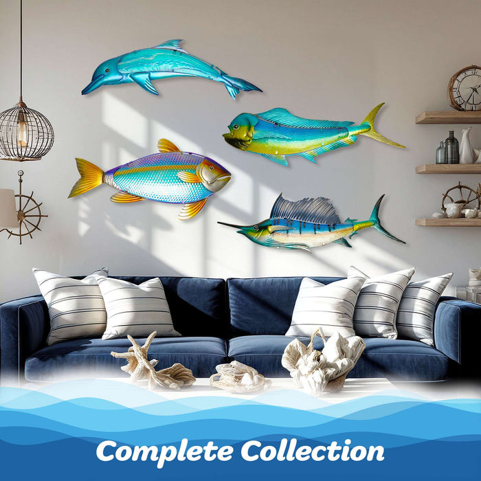 G128 32 in Yellowtail Fish Metal Wall Art Decor | Coastal Ocean Theme Indoor Outdoor Wall Art Hanging Decor for Bedroom, Living Room, Garden, Patio