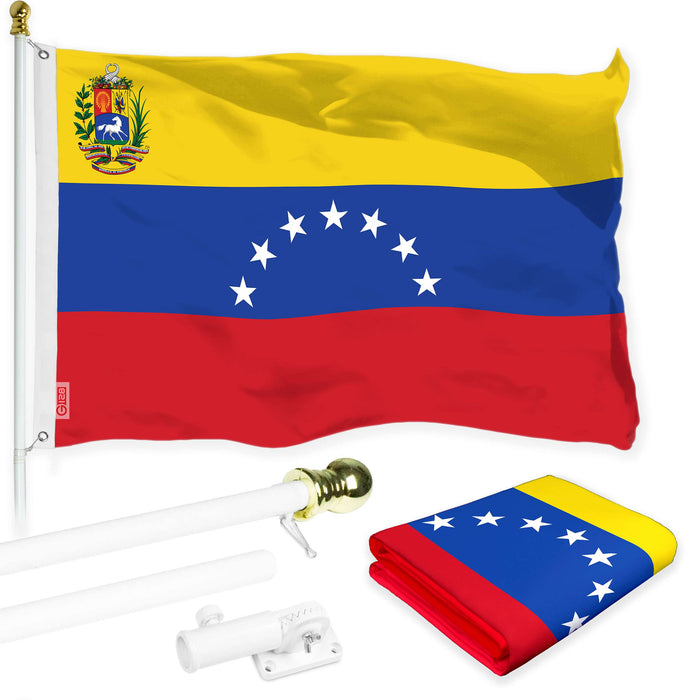 G128 Combo Pack: 6 Ft Twist Free Aluminum Spinning Flagpole (White) & Venezuela 7 Stars Flag | 3x5 Ft | LiteWeave Pro Series Printed 150D Polyester | Pole with Flag Included