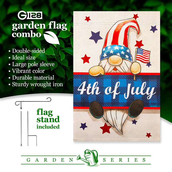 G128 Combo Pack: Garden Flag Stand 36x16IN & Garden Flag 4th of July Gnome Printed 12x18IN Double Sided