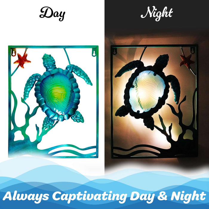 G128 Sea Turtle Metal Wall Art Set | Ocean Beach Themed Framed Home Wall Decor with LED Lights | Battery NOT Included