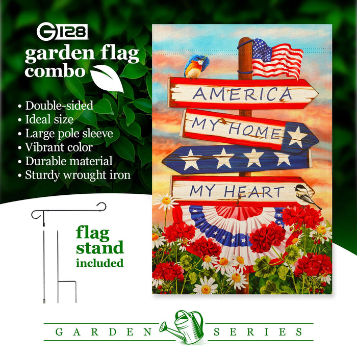 G128 Combo Pack: Garden Flag Stand 36x16IN & Garden Flag America My Home My Heart Printed 12x18IN Double Sided