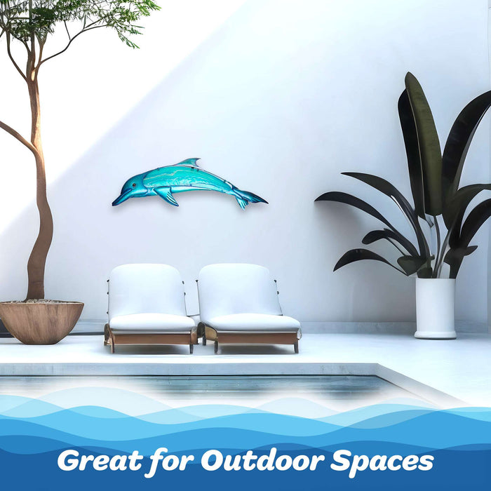 G128 36 in Blue Dolphin Metal Wall Art Decor | Ocean Marine Theme Indoor Outdoor Wall Art Hanging Decor for Bedroom, Living Room, Garden, Patio