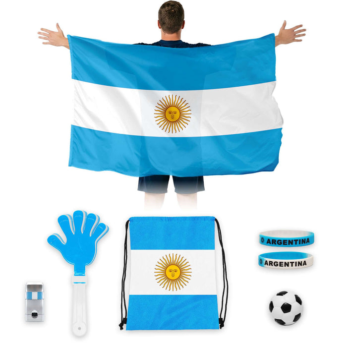 G128 World Soccer Tournament 2026 Cup Soccer Fan Set 6PCS, Argentina Fan Merch with Flag and Bracelet, Accessories for Sports Parties