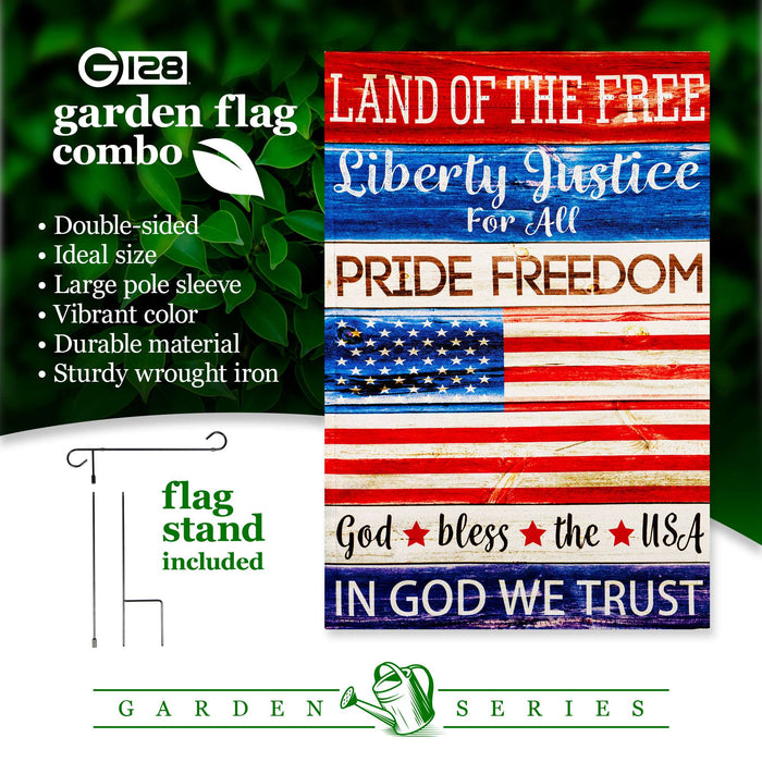 G128 Combo Pack: Garden Flag Stand 36x16IN & Garden Flag Land of the Free Liberty Printed 12x18IN Double Sided