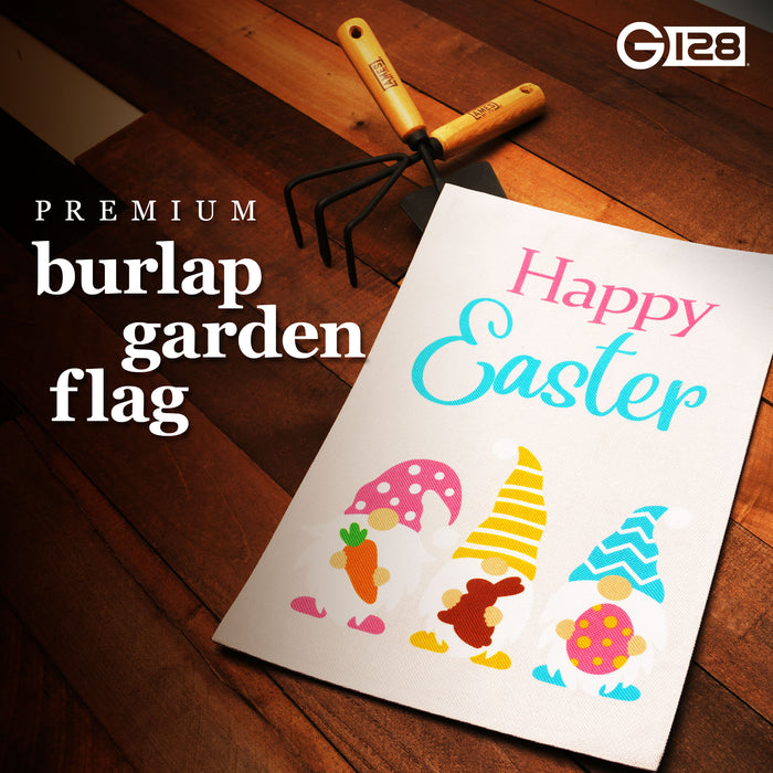 G128 Garden Flag Happy Easter Three Gnomes with Carrot Chocolate Bunny Egg 12"x18" Burlap Fabric