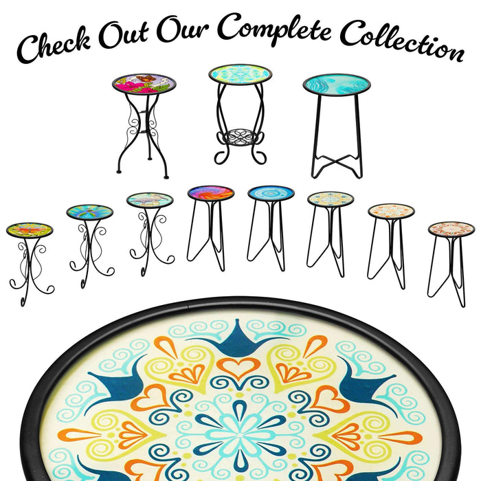 G128 12 in Round Glass Outdoor Side Table Green Mandala Pattern | Decorative Plant Stand, Small End Table for Garden Patio Porch Living Room