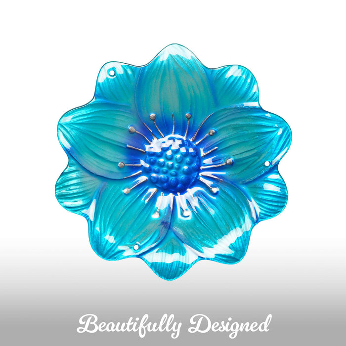 G128 Hanging Glass Bird Bath Outdoor Bird Feeder 10-inch for Garden Decoration Blue Flower Design