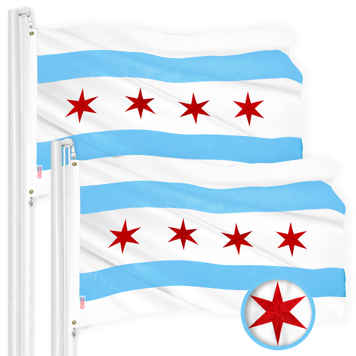 G128 Chicago Flag 2.5x4 Ft 2-Pack Embroidered 300D Embroidered Stars, Sewn Stripes, Brass Grommets, Indoor/Outdoor, Vibrant Colors, Quality Polyester