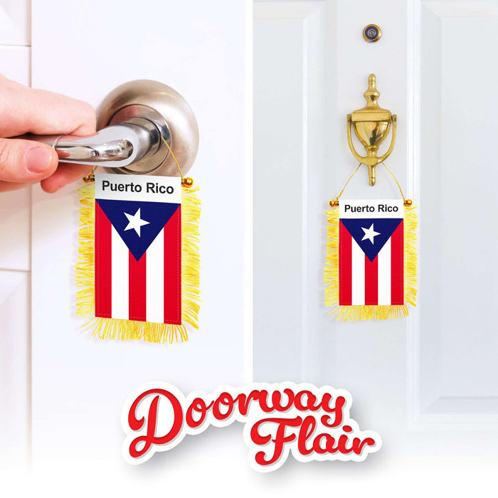 G128 2 Pack: Puerto Rico Fringy Flag | 3x5IN | Fringy Hanging Double Sided Flag with Suction Cup, Window and Car Rearview Mirror Decor