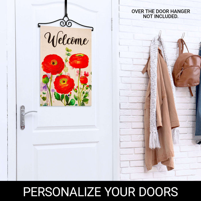 G128 Combo Pack Garden Flag Hanger 14IN & Garden Flag Spring Welcome Red Orange Flowers Printed 12x18IN Double Sided Yard Garden Lawn Decoration