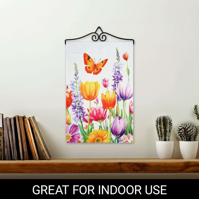 G128 12x18IN Spring Tulip Butterfly Floral Garden Flag with 14IN Hanger