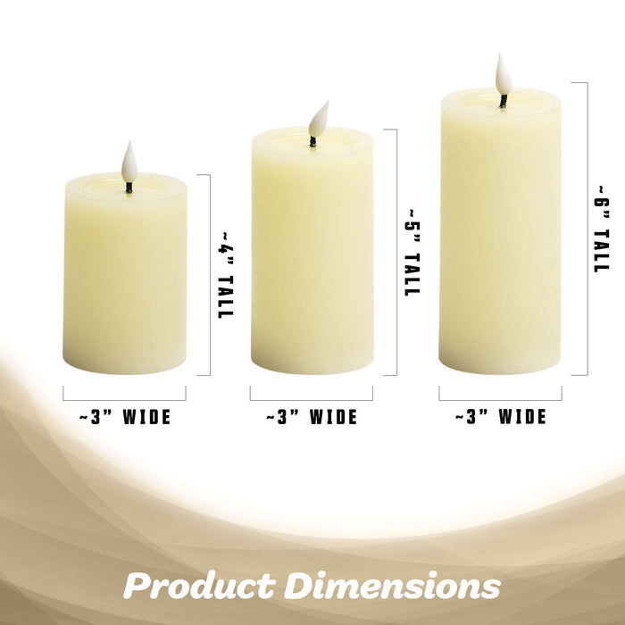 G128 set of three white flameless LED pillar candles in 6, 5, and 4 inch heights