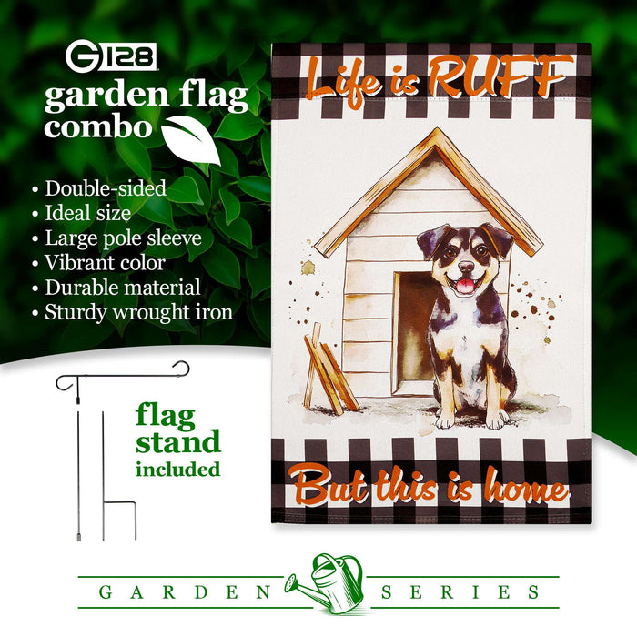 G128 Combo Pack: Garden Flag Stand Black 36x16IN & Garden Flag Life is Ruff Dog House Printed 12x18IN Double Sided Yard Lawn Decoration