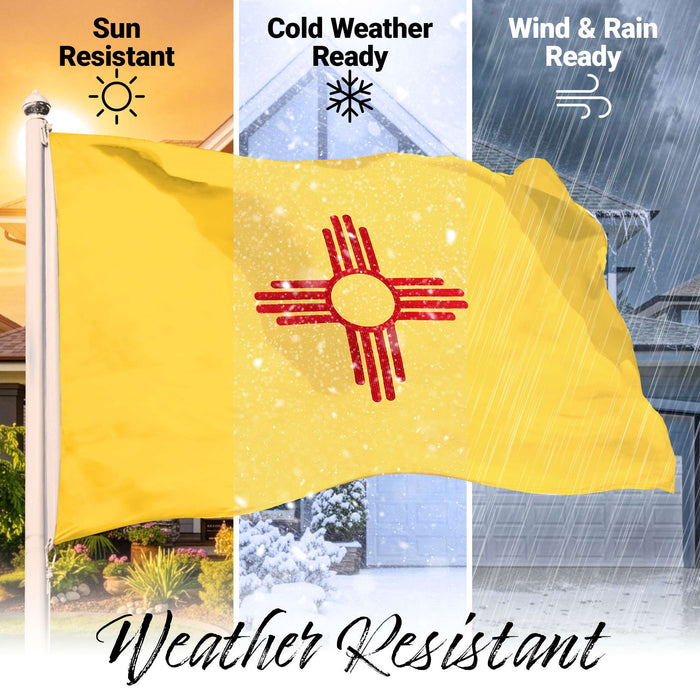 G128 New Mexico State Flag | 1x1.5 Ft | StormFlyer Series Embroidered 220GSM Spun Polyester | Embroidered Design, Indoor/Outdoor, Brass Grommets, Heavy Duty, All Weather