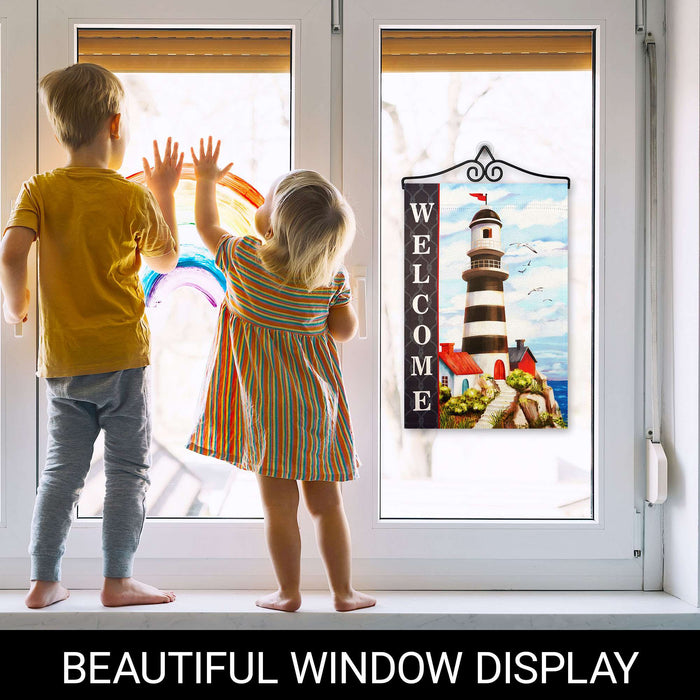 G128 Combo Pack Garden Flag Hanger 14IN & Garden Flag Welcome Lighthouse Beach Printed 12x18IN Double Sided