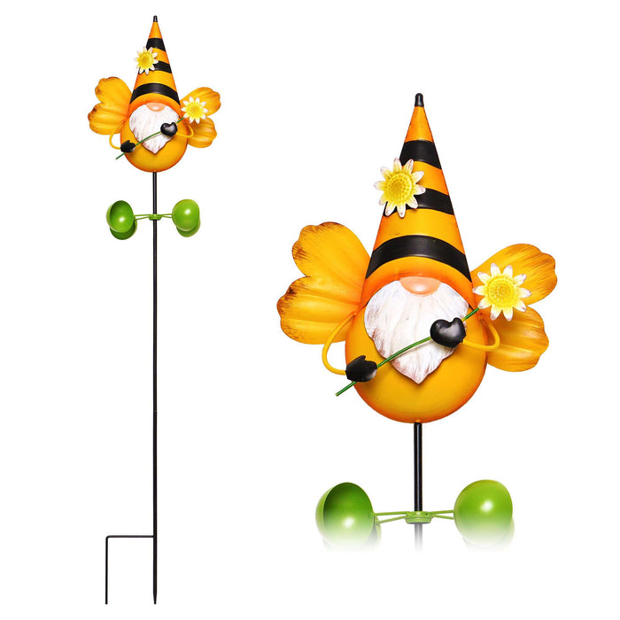 G128 Gnome Bee Metal Yard Wind Spinner Stake | Outdoor 48 inch Gnome Statue Decorations 360 Degrees Swivel Wind Spinner for Patio Garden Backyard