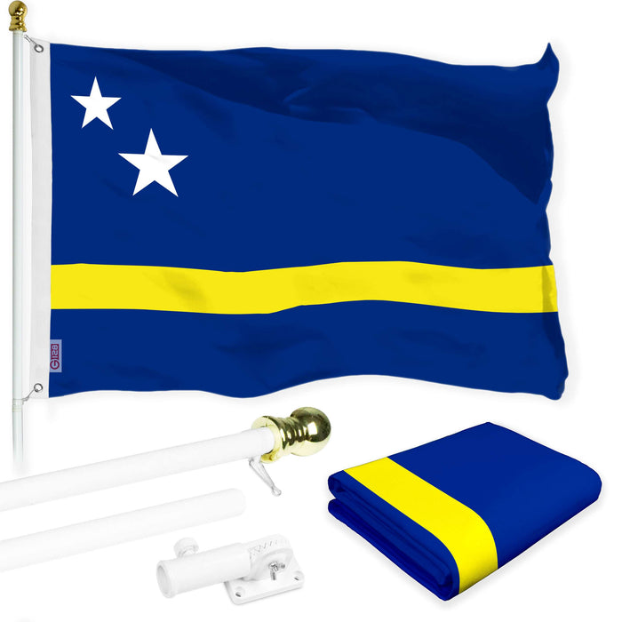 G128 Combo Pack: 6 Ft Twist Free Aluminum Spinning Flagpole (White) & Curacao Flag | 3x5 Ft | LiteWeave Pro Series Printed 150D Polyester | Pole with Flag Included