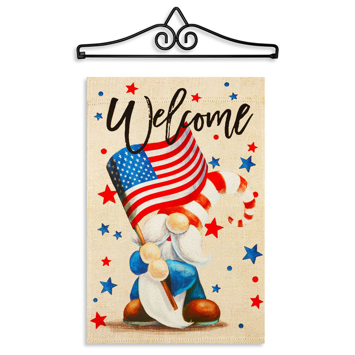 G128 Combo Pack Garden Flag Hanger 14IN & Garden Flag Welcome Patriotic Gnome Printed 12x18IN Double Sided
