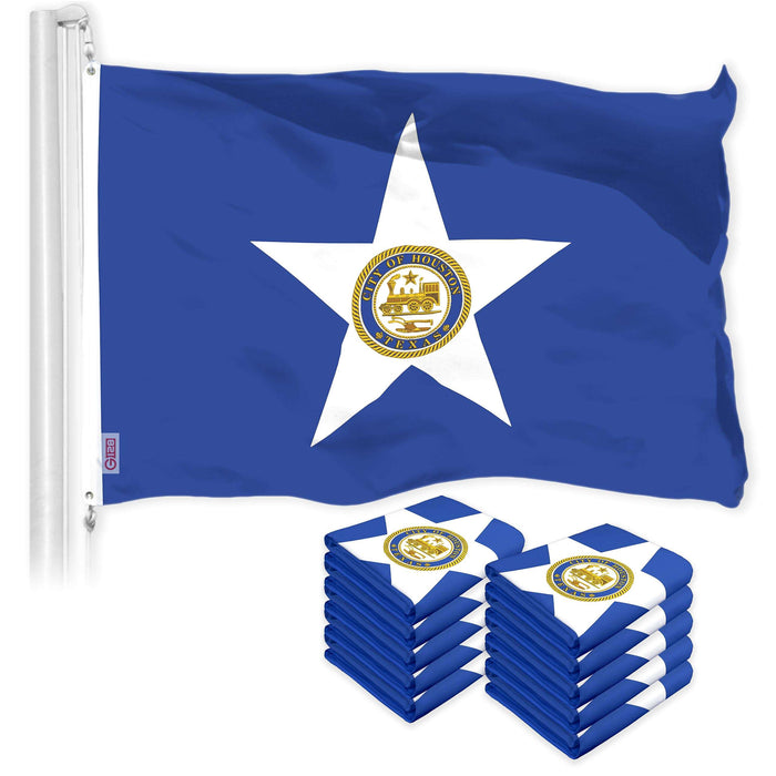 G128 10 Pack: Houston Flag | 3x5 Ft | LiteWeave Pro Series Printed 150D Polyester | City Flag, Indoor/Outdoor, Vibrant Colors, Brass Grommets
