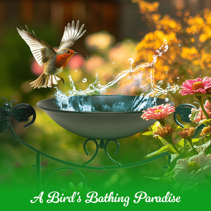G128 metal bird bath and bird feeder on a garden stake with bee flower bird trellis, about 35 inches tall