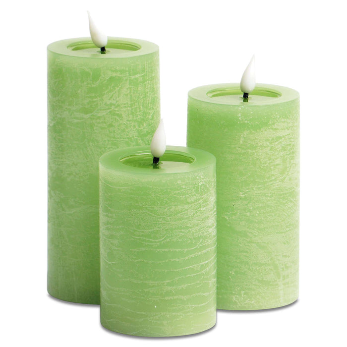 G128 set of three green flameless LED pillar candles in 6, 5, and 4 inch heights